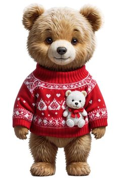 a brown teddy bear wearing a red sweater