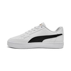 A subtle spin on a classic 1980s basketball silhouette, the Puma Men's Caven 2.0 Low Casual Sneakers represent the epitome of casual, sports-infused style. Laid-back and super comfy, these sneakers embody the crisp, California-cool vibe to level up your relaxed look..Casual athletic-inspired sneakers.Smooth synthetic leather upper.Puma Formstrip at sides.Metallic detailing adds shine to the look.Lace closure for a secure fit.Cushioned collar and insole.Stacked rubber midsole.Durable rubber outsole.Style number- 38081002.Synthetic Upper, Rubber Sole.Wipe Clean.Imported Casual Mid-top Basketball Shoes For Light Sports, Urban Puma Logo Sneakers For Streetwear, Urban Puma Sneakers For Sports, Casual Basketball Shoes With Perforated Toe Box, Urban Style Puma Skate Shoes For Sports, Sporty Puma Sneakers For Streetwear, Casual Mid-top Basketball Shoes For Streetwear, White Puma Basketball Shoes For Streetwear, Puma Logo Mid-top Sneakers For Streetwear