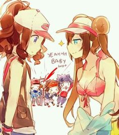 two women in bikinis and hats standing next to each other with anime characters behind them