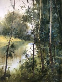 a painting of trees and water in the woods