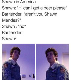 a man standing in front of a purple wall with the caption shawn in america shann i can get a beer please bar tender aren't you shawn?