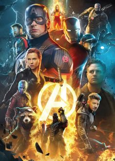 the avengers movie poster is shown with many characters in front of fire and lightnings