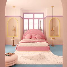 a pink bed sitting in the middle of a bedroom next to a window and floor