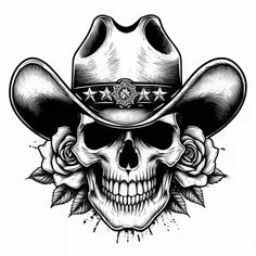 a skull wearing a cowboy hat with roses on it's forehead and stars around the crown