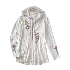 Stylish and oh-so comfortable, this pretty, embroidered zip up jacket will make you look forward to chilly days. White zippered hoodie features colorful pops of embroidery on the front, hood, and sleeves. It adds a charming, lightweight touch of warmth over a tee and your favorite jeans. 100% cotton. Machine wash. M-3XL. Imported. White Zipper Hoodie, Pretty Embroidery, Sleepwear & Loungewear, Zipper Hoodie, Favorite Jeans, Zip Ups, Lounge Wear, Top Outfits, Clothes