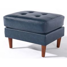 a blue leather ottoman with wooden legs