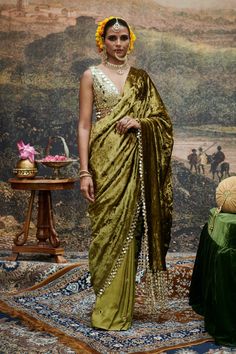 Rang-e-mehfil olive sari and blouse – INDIASPOPUP.COM Mirror Tassels, Blouse With Mirror Work, Mirror Work Saree, Embroidery Mirror, Mirror Work Blouse, Green Mirror, Beautiful Mirror, Traditional Indian Dress, Green Saree