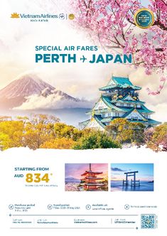 an advertisement for the special airfares in japan, featuring cherry blossom trees and mountains