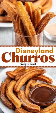 some churros are sitting on a plate with dipping sauce in the middle and disney land churros next to it