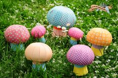 many colorful mushrooms are in the grass near each other, with polka dots on them