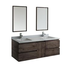 two mirrors are above the double sinks in this bathroom vanity with dark wood and white countertop