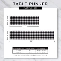 the table runner pattern is shown in black and white checkered, with measurements for each piece