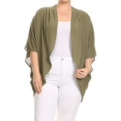 Women's Plus Trendy Style Solid waist length chiffon cardigan in a loose fit with an open front kimono sleeves and hi-lo hem. Size: 3X.  Color: Green.  Gender: female.  Age Group: adult. Chiffon Kimono Cardigan, Flowy Shirts, Chiffon Cardigan, Plus Size Kimono, Moa Collection, Chiffon Kimono, Knit Outerwear, Cropped Cardigan Sweater, Fitted Cardigan