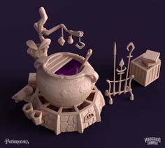 a 3d rendering of a pot with handles and other items around it on a purple background