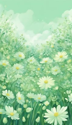 a painting of white daisies and green grass with clouds in the sky behind them