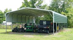 a tractor is parked under a metal carport