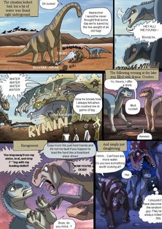 an image of a comic strip with dinosaurs and other things in the same place,