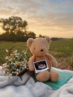 a teddy bear sitting on top of a blanket next to a basket filled with flowers