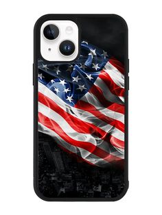 an american flag phone case with the city skyline and clouds in the background, as well as