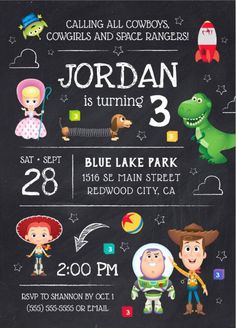 an image of a birthday party with cartoon characters on the chalkboard and text that says jordan is turning 3