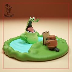 a cartoon figure is sitting on top of a green floating island with an open mouth