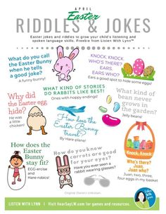 an easter poster with the words, riddles and jokes on it's side