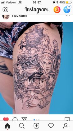 the back of a woman's thigh with anime characters on it