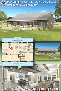 two story house plan with 3 beds, 2 baths and an open floor living area