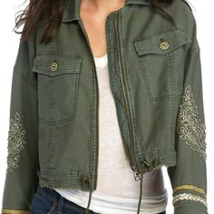 Free People Jacket The Color Is Called Moss With Silver And Gold Embellishments Chic Embellished Outerwear For Fall, Embellished Long Sleeve Outerwear For Fall, Trendy Embellished Long Sleeve Outerwear, Fall Bohemian Embellished Outerwear, Bohemian Embellished Outerwear For Fall, Bohemian Embellished Spring Outerwear, Bohemian Embellished Outerwear For Spring, Hot Pink Sweatshirt, Plaid Jeans