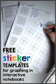 a hand holding a pen over some paper with the text free sticker templates for graphing in interactive notebooks