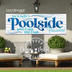 there is a sign that says pool side paradise next to two chaise lounges