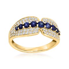 Ross-Simons - .60ct t. w. Sapphire Ring, Diamond Accents in 14kt Yellow Gold. Size 6. Shimmering with round brilliant-cut diamond accents, this glamorous ring features a splash of classic gemstone color from .60 ct. t. w. round sapphires glowing across the center. Finely crafted in polished 14kt yellow gold. 1/4" wide. Sapphire ring. Sapphire birthstones are the perfect gift for September birthdays. Dazzling Yellow Gold Sapphire Ring With Brilliant Cut, Classic Sapphire Ring With Pave Setting, Dazzling Yellow Gold Sapphire Ring, Yellow Gold Sapphire Ring With Brilliant Cut Cubic Zirconia, Diamond Ring With Brilliant Cut Sapphire In Round Shape, Dazzling Sapphire Ring With Pave Setting, Sapphire Diamond Ring With Brilliant Cut, Yellow Gold Sapphire Ring With Diamond, Dazzling Yellow Gold Sapphire Ring With Diamonds