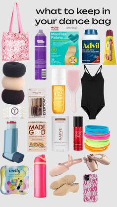 the contents of a bag are shown in this image with text that reads what to keep in your dance bag