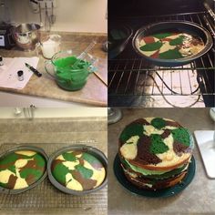 there are pictures of cakes in the kitchen and on the stove top, with green frosting