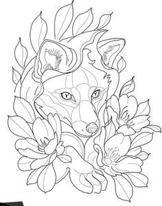 a drawing of a fox surrounded by flowers