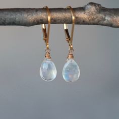 Gorgeous Moonstone teardrop gems full of sparkly facets hang from secure, hinged-back 14k goldfill ear wires (the back of the ear wire clicks into place, making the earrings impossible to lose when you're wearing them). Total length of the earrings is just over 1 inch from the curve of the ear wire to the bottom of the drop. The moonstone gems are slim teardrops measuring approximately 3/8 inch long, and the color is pure white with stunning flashes of blue shimmer. Each moonstone stone is uniqu Everyday Faceted Drop Jewelry, Gold Teardrop Gemstone Earrings, Everyday Teardrop Faceted Earrings, Yellow Gold Teardrop Dangle Earrings With Gemstone, Gold Teardrop Moonstone Jewelry, Faceted Long Drop Jewelry For Anniversary, Teardrop Moonstone Jewelry In Yellow Gold, 14k Gold Filled Birthstone Teardrop Earrings, Yellow Gold Teardrop Moonstone Jewelry