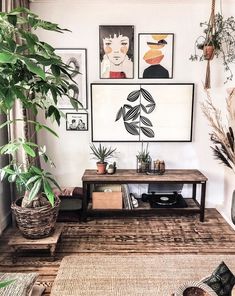 a living room with plants and pictures on the wall