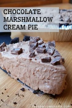 chocolate marshmallow cream pie on a cutting board with text overlay that reads, chocolate marshmallow cream pie