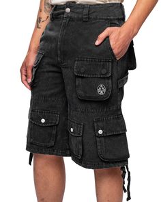 Untitled Artworks Cargo Shorts 'Black' Relaxed-fit cotton cargo shorts with stone wash effect. Mid-rise, button and zip closure, belt loops at waistband, drawstring cuffs. Logo embroidery on front side leg. Ten-pocket styling: 8 flap pockets and 2 side pockets. Model is 6'4" wearing size L. Streetwear Short Cargo Jeans With Multiple Pockets, Short Cargo Jeans With Multiple Pockets For Streetwear, Short Cotton Cargo Jeans, Streetwear Short Length Cargo Jeans, Short Length Cargo Jeans For Streetwear, Cotton Cargo Jeans With Multiple Pockets, Short Cotton Cargo Jeans With Multiple Pockets, Urban Style Short Cotton Cargo Pants, Black Washed Shorts For Streetwear