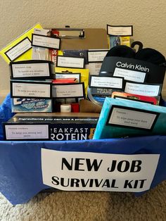 the new job survival kit is packed in a blue container with labels on it,