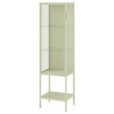 a tall white cabinet with glass doors on the front and bottom shelves, against a white background