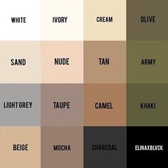 the names of different types of creams and browns on a white background with black lettering