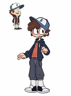 an image of a boy with a baseball cap pointing to the left and another drawing of him