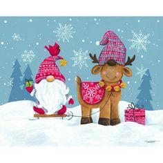 two reindeers are standing in the snow with presents