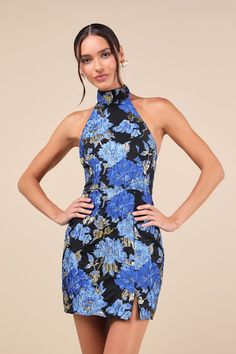 Extraordinary Impression Black Floral Jacquard Halter Mini Dress Iconic Dresses, Bodycon Skirt, Floral Jacquard, Halter Mini Dress, Mock Neckline, Body Con Skirt, Halter Style, Dress 100, Floral Motif