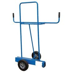 a blue hand truck with wheels on it