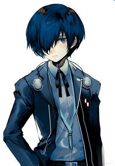 an anime character with blue hair and black pants