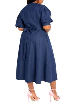 Charm endlessly in this denim midi designed with decadent puff sleeves and a perfectly flared skirt. Hidden back-zip closure V-neck Elbow-length sleeves Side-seam pockets 65% cotton, 32% polyester, 3% spandex Hand wash, line dry Imported Outfits For Curvy Women, Puff Sleeve Midi Dress, Denim Midi Dress, Long Shirt Dress, Sleeve Midi Dress, Long Sleeve Shirt Dress, Flared Skirt, Floral Dress Black, Two Piece Dress