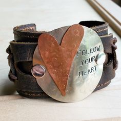 Follow Your Heart Leather Cuff | Belle & Southern Boho Cuff Bracelet, Hand Stamped Metal, Boho Cuff, Copper Heart, Boho Accessories, Follow Your Heart, Leather Cuffs Bracelet, Unique Bracelets, Metal Plate