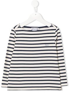 navy blue/beige cotton jersey knit horizontal stripe print round neck long sleeves straight hem White Long Sleeve T-shirt With Striped Sleeves, White Long Sleeve T-shirt With Contrast Stripes, Blue Horizontal Stripe Long Sleeve Top, Cotton Tops With Signature Stripes For Fall, Blue Long Sleeve Tops With Horizontal Stripes, Blue Striped Long Sleeve Top, Fall Cotton Tops With Signature Stripes, Blue Long Sleeve Top With Horizontal Stripes, White Long Sleeve Top With Striped Hem